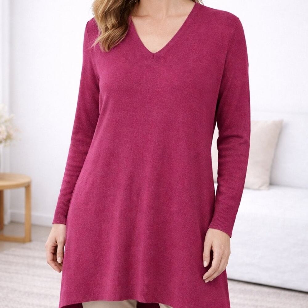 Eileen Fisher Tunic Sweater Small Wool Knit Pink V Neck Long Sleeve Minimalist